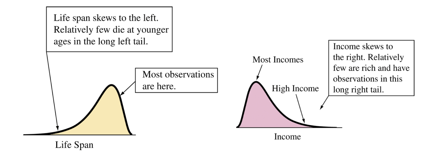 Example of how skewness appears. Life span has center at older ages with tail extended to left. Income distribution has center at low income with tail extended to right.